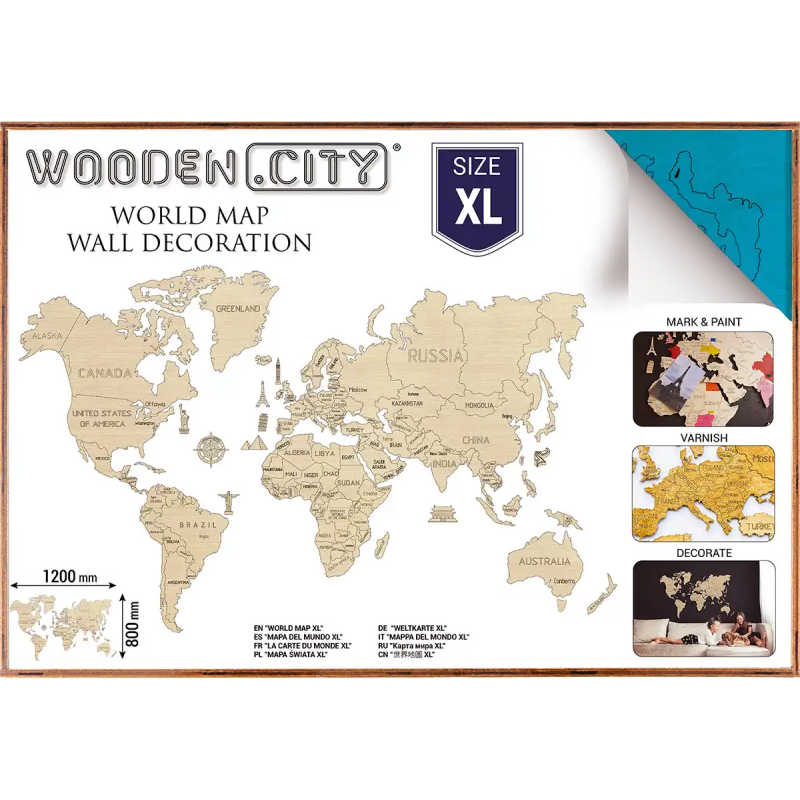WOODEN CITY Dřevěná mapa světa velikost XL (120x80cm) modrá