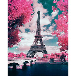 Diamantová sada- Eiffelova věž za růžovými stromy 30x40cm