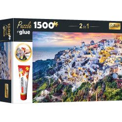 TREFL Sada 2v1 puzzle Nádherný ostrov Santorini, Řecko 1500 dílků s lepidlem