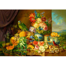 ENJOY Puzzle Josef Schuster: Zátiší s květinami, ovocem a papouškem 1000 dílků
