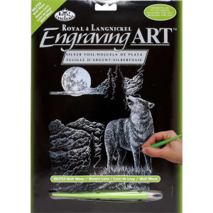 Stříbrný vyškrabovací obrázek - Vlk s měsícem 20x25cm