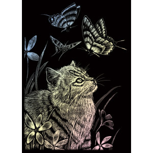 Seškrabovací obrázek mini Hologramický  - Kočka s motýlem 18x14 cm