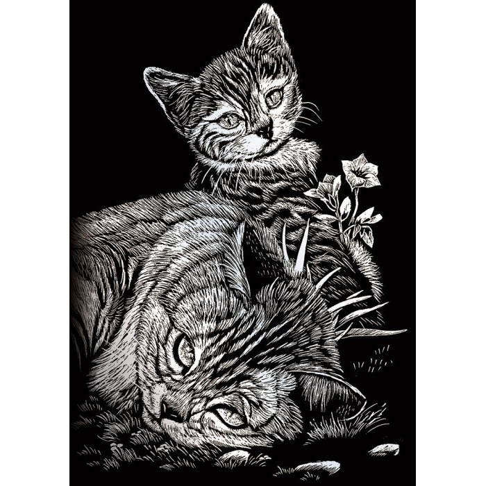 Seškrabovací obrázek mini Stříbrný - Kočička a kotě 18x14 cm