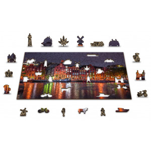 WOODEN CITY Dřevěné puzzle Noční Amsterdam 2v1, 75 dílků EKO